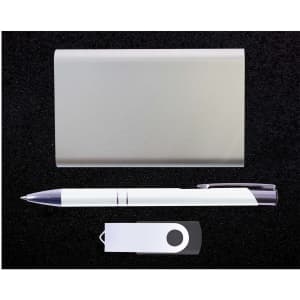 A power bank gift set featuring a sleek metallic case, a white pen with a silver clip, and a USB drive.