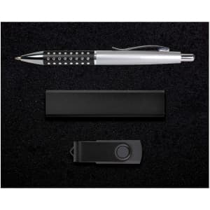 A gift set featuring a sleek pen with decorative accents, a compact USB flash drive, and a stylish box for presentation.