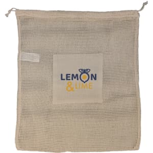 A natural-coloured mesh bag featuring a logo and a square patch with text.