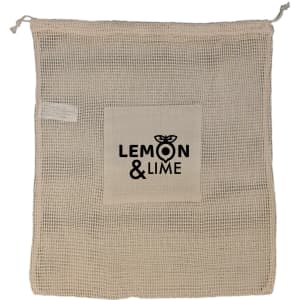 A beige mesh bag with a square pocket and a logo. It features a drawstring closure for secure storage.