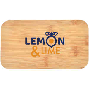 A bamboo cutting board featuring the words "Lemon & Lime" in blue and orange with a logo design.