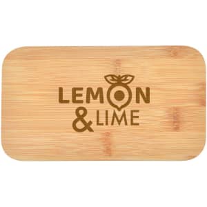 A bamboo cutting board in a rectangular shape with a printed logo design.