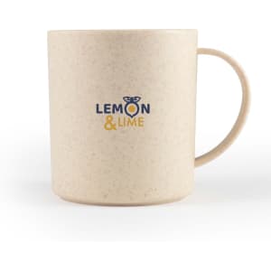 A cream-coloured mug with a handle featuring a logo in blue and yellow.