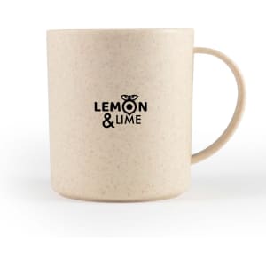 A cream-coloured mug with a textured finish and a logo. It has a curved handle and a round body.