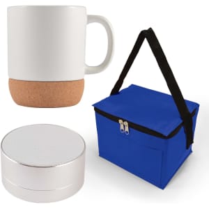 A coffee cup with a cork base, a small Bluetooth speaker, and a blue insulated carrying bag.