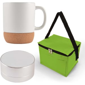 A coffee mug with a cork base, a small round speaker, and a green insulated carrying bag.