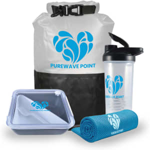 A dry bag in white and black, a transparent container, a blue gym towel, and a clear drink bottle with a logo.