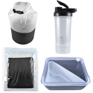 A dry bag in white and black, a clear drink bottle, a pouch, and a two-compartment container with a fork.