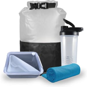 A dry bag, a shaker bottle, a blue microfiber towel, and a lunch container with a fork.