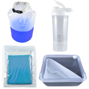 An assortment of a blue and white dry bag, a clear drink bottle, a teal pouch, and a dark gray food container with a lid.