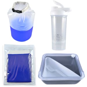 A blue and white dry bag, a clear drink bottle, a blue pack in a zip bag, and a gray food container with a lid.