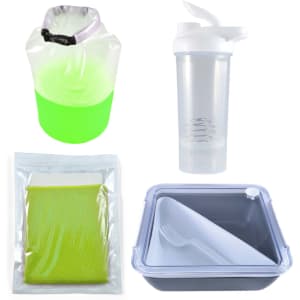 An active living pack featuring a green dry bag, clear drink bottle, reusable food container, and a flexible storage bag.