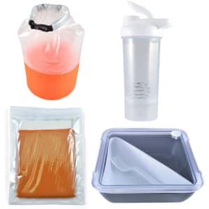 An orange dry bag, a clear drink bottle, an orange mesh bag, and a gray food container with a lid and fork.