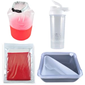 A red and white dry bag, clear drink bottle, red mesh pouch, and gray food container with a lid.