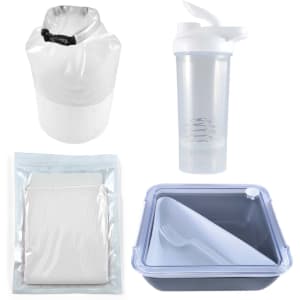 A white dry bag, a clear drink bottle, a translucent food container, and a resealable storage bag are featured in the image.