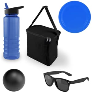 A blue drink bottle, a black cooler bag, a black ball, a blue plate, and black sunglasses. The bag has a logo.