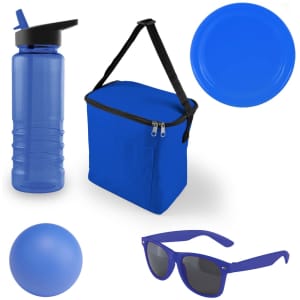 A drink bottle, a blue cooler bag, a round blue ball, a pair of blue sunglasses, and a blue plate.