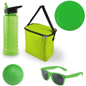 A drink bottle, a cooler bag, a frisbee, a ball, and sunglasses, all in vibrant green.