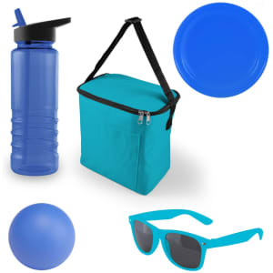 A blue drink bottle, turquoise cooler bag, blue plate, blue ball, and turquoise sunglasses arranged together.