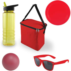 A red cooler bag, yellow drink bottle, red plate, red ball, and red sunglasses arranged together.