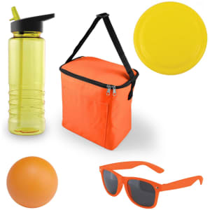 A yellow drink bottle, orange cooler bag, orange ball, yellow frisbee, and orange sunglasses arranged together.