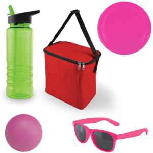 A green drink bottle, red cooler bag, pink frisbee, pink ball, and pink sunglasses. The cooler bag has a strap.