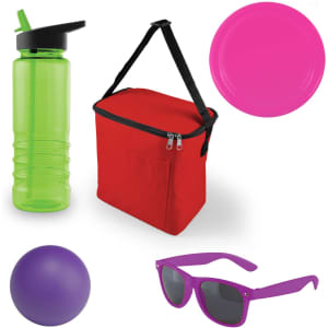 A green drink bottle, red cooler bag, purple ball, pink plate, and purple sunglasses.