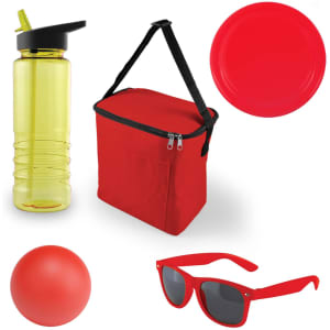 A yellow drink bottle, a red cooler bag, a red plate, a red ball, and red sunglasses. The cooler bag has a logo.