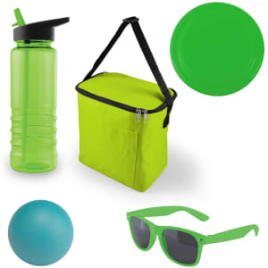 A green cooler bag, a translucent green drink bottle, green sunglasses, a blue ball, and a green plate.