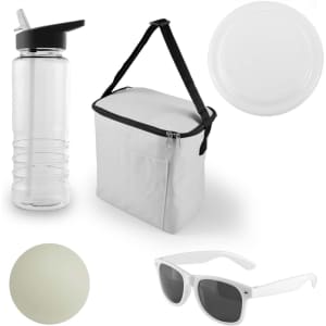 A clear drink bottle, white cooler bag, a frisbee, a green ball, and white sunglasses.