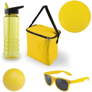 A drink bottle, a yellow cooler bag, a frisbee, a yellow ball, and yellow sunglasses are arranged together.