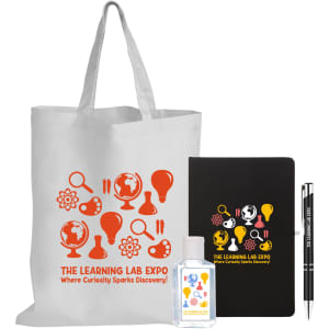 A grey tote bag with a logo, a clear drink bottle, a black notebook, and a pen.