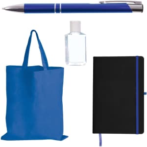 A blue tote bag, a blue pen, a clear hand sanitizer bottle, and a black notebook with a blue elastic band.