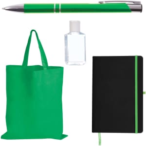 A green tote bag, pen, hand sanitizer bottle, and black notebook with a green ribbon bookmark. All items have branding.