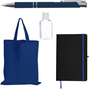 A blue tote bag, a black notebook with a blue ribbon bookmark, a clear bottle of hand sanitizer, and a blue pen.