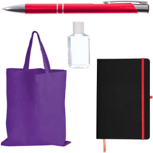 A red pen, a small bottle of hand sanitizer, a purple tote bag, and a black notebook with an orange ribbon bookmark.
