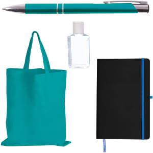 A teal tote bag, teal pen, clear hand sanitizer, and black notebook with a blue ribbon bookmark. All items have branding.