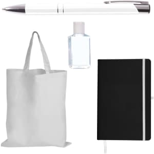 A black notebook, a clear bottle, a white pen, and a white tote bag arranged together. Each item features a logo.