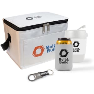A white cooler bag with a logo, a drink can with a sleeve, a white cup, and a bottle opener.