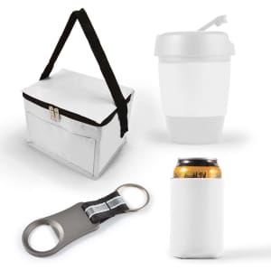 A cooler bag with a handle, a white drink cup, a can insulator, and a bottle opener keychain.