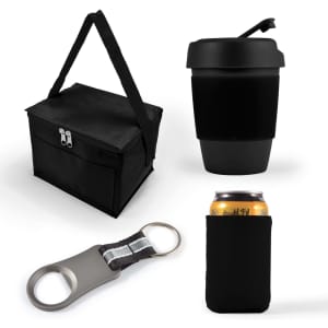 A black cooler bag is featured alongside a black reusable coffee cup, a bottle opener keychain, and a can cooler sleeve.