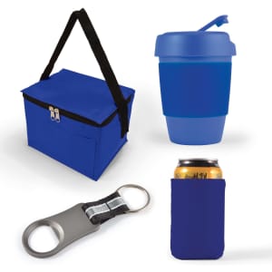 A blue cooler bag, a blue drink cup with a lid, a can cooler, and a bottle opener, all featuring a logo.