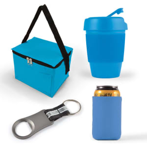 A blue cooler bag, a blue drink bottle, a can cooler, and a bottle opener with a keyring. The items have branding elements.
