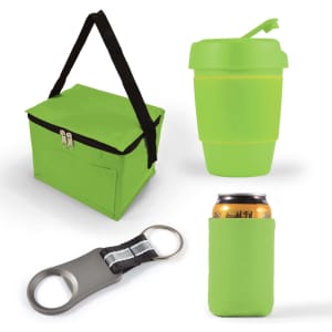 A green cooler bag, a green drink container, a can cooler, and a bottle opener with a keyring feature.