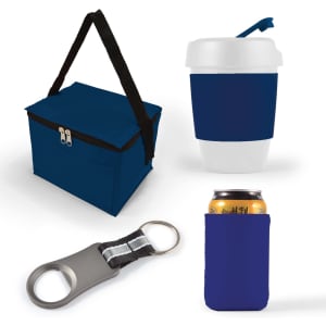 A cooler bag in blue, a reusable drink cup with a lid, a can cooler in blue, and a metal bottle opener.