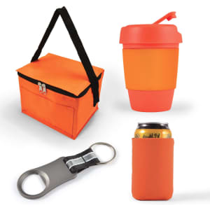 A cooler bag in vibrant orange, a matching insulated drink cup with a lid, a metallic bottle opener, and a can cooler.