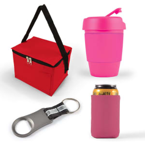 A cooler bag in red, a pink drink cup with a lid, a silver bottle opener, and a pink can cooler.