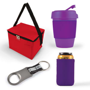 A red cooler bag, a purple reusable cup, a silver bottle opener, and a purple can cooler.