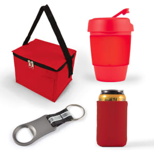 A red cooler bag, a red drink cup with a lid, a silver bottle opener, and a red can cooler.