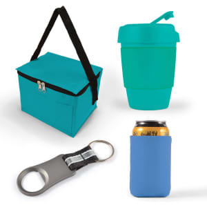 A cooler bag in teal, a teal drink cup with a straw, a silver bottle opener, and a blue can cooler.
